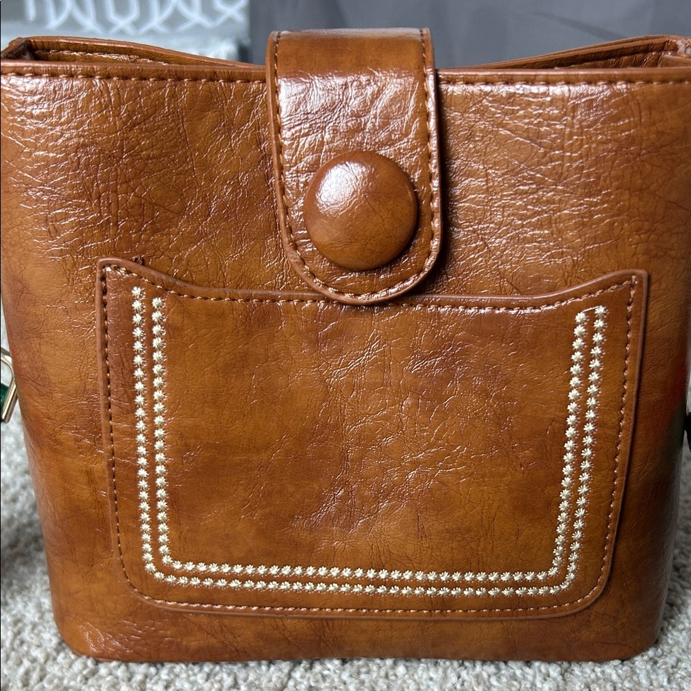 Petite Brown Leather Crossbody Bag with Striped Strap - Picture 2 of 7